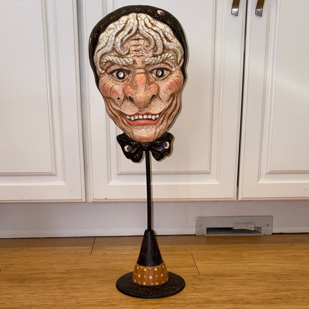Vintage BRN Crackle Finish Witch Face Mask on Pedestal Stand Halloween Decor